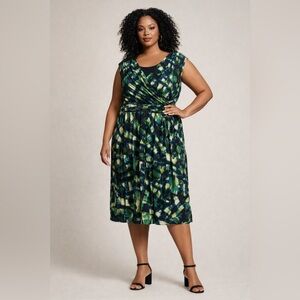 NIC+ZOE Green and Blue Patterned Midi Dress 2X